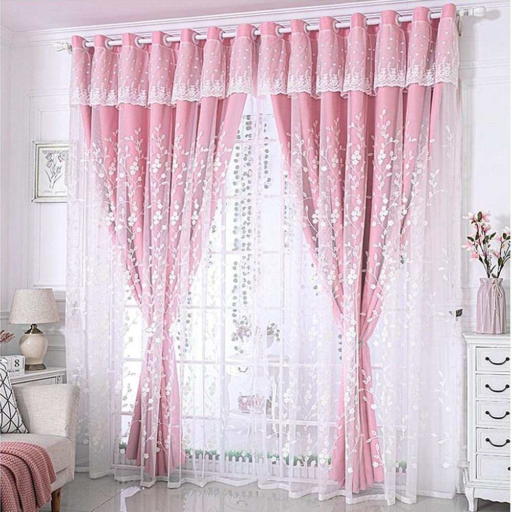Amidoudou 1 Pair Double Layer Flower Curtains with Valance for Girls Room Living Room Pastoral Flowers and Leaf Embroidered Curtains for Bedroom (Pink,66 x 84 Inch)