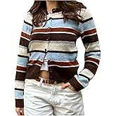 MakeMeChic Women's Cropped Striped Cardigan Sweater Button Up Crew Neck Long Sleeve Knitwear