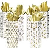 Lulu Home 12 Pcs Golden Bottle Gift Bags with Tissue Paper, Heavy Duty Xmas Bottle Cover with Tags for Holiday Decoration, Party Favors