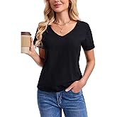 Inadays Womens Slub Cotton T Shirts Short Sleeve V-Neck Raw Hem Summer Tops Loose Fit Tee Basic Clothes Fashion Outfits