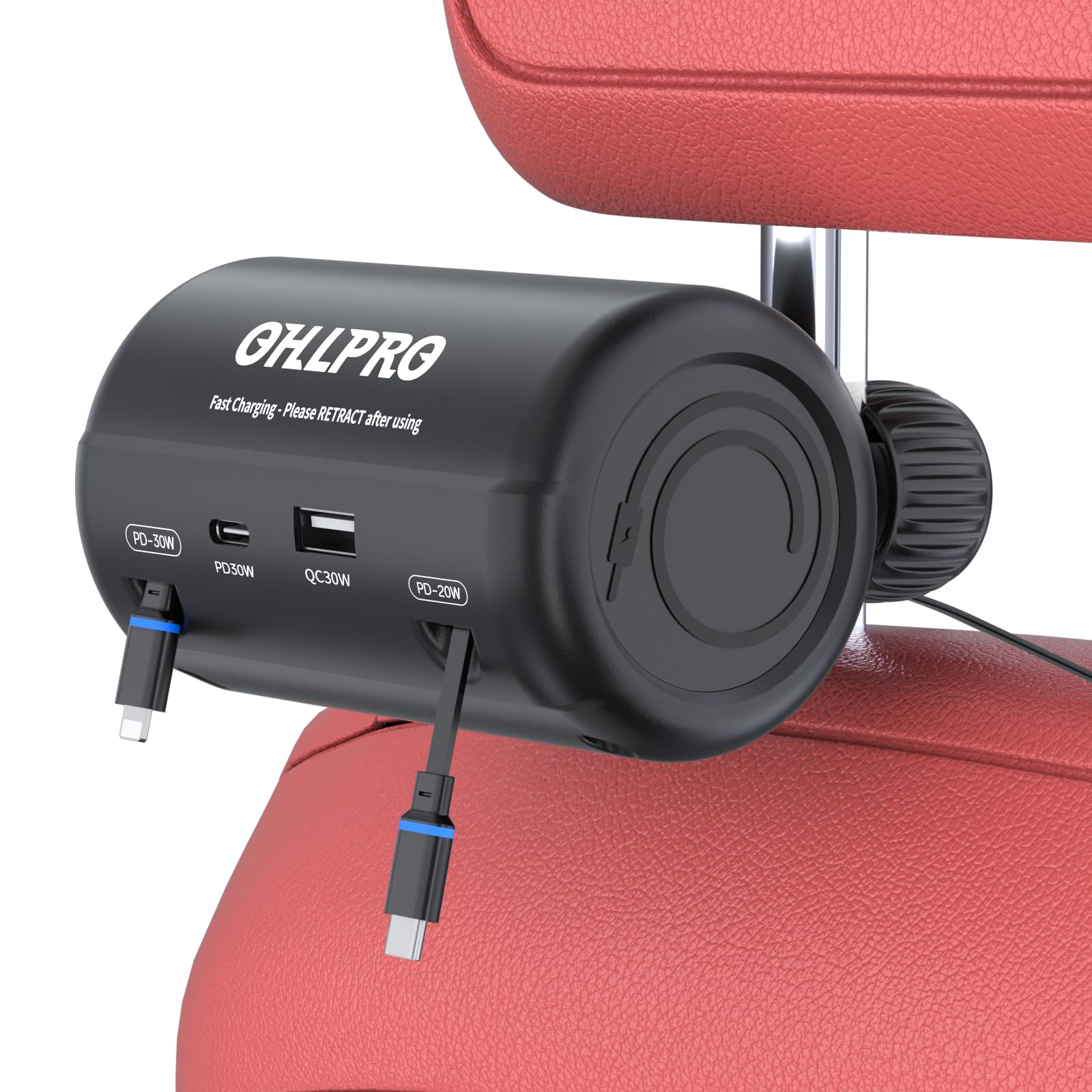 Photo 1 of OHLPRO Car Back Seat Charger with Retractable Cables, Headrest Mount Phone Tablet Charger with USB-C PD30W & iOS PD20W Wires, 4-Port Adapter for Uber Taxi Rideshare, with Cigarette Lighter Plug