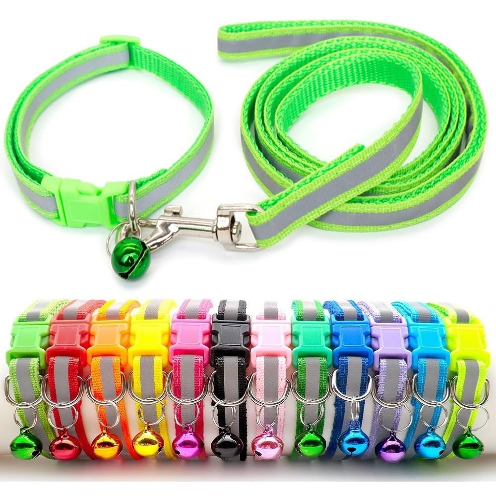 Small Dog Puppy Pet Collar and Lead Set Reflective Hi-Vis Strip Nylon Adjustable Size 19-32cm Collar with Bell and 120cm Leash Lime Green