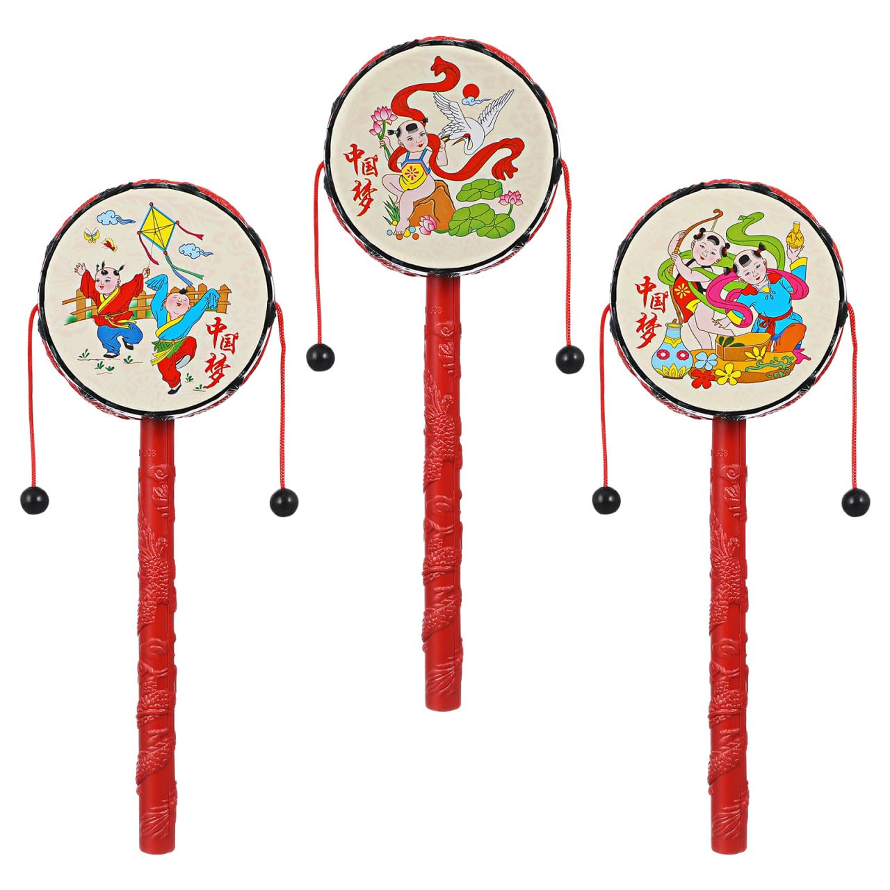 Shaking Rattle Drum Musical Toy: 3pcs Chinese Traditional Hand Bell Drum Spinning Rattle Percussion Instrument for Toddler Kids