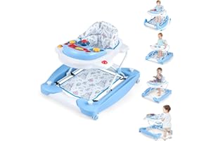 BABY JOY 6-in-1 Baby Walker, Foldable Baby Walker with Wheels, Adjustable Height, Music, Lights, Bouncer & Rocker Mode, Baby Walkers for Boys Girls 6-14 Months (Blue)