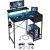 X-cosrack 33.5" Small Gaming Desk with LED Lights & Power Outlets, Compact Computer Desk with Monitor Stand & CPU Stand, Gamer Table with Storage Drawer, Side Hooks for Home Office, Bedroom, Black