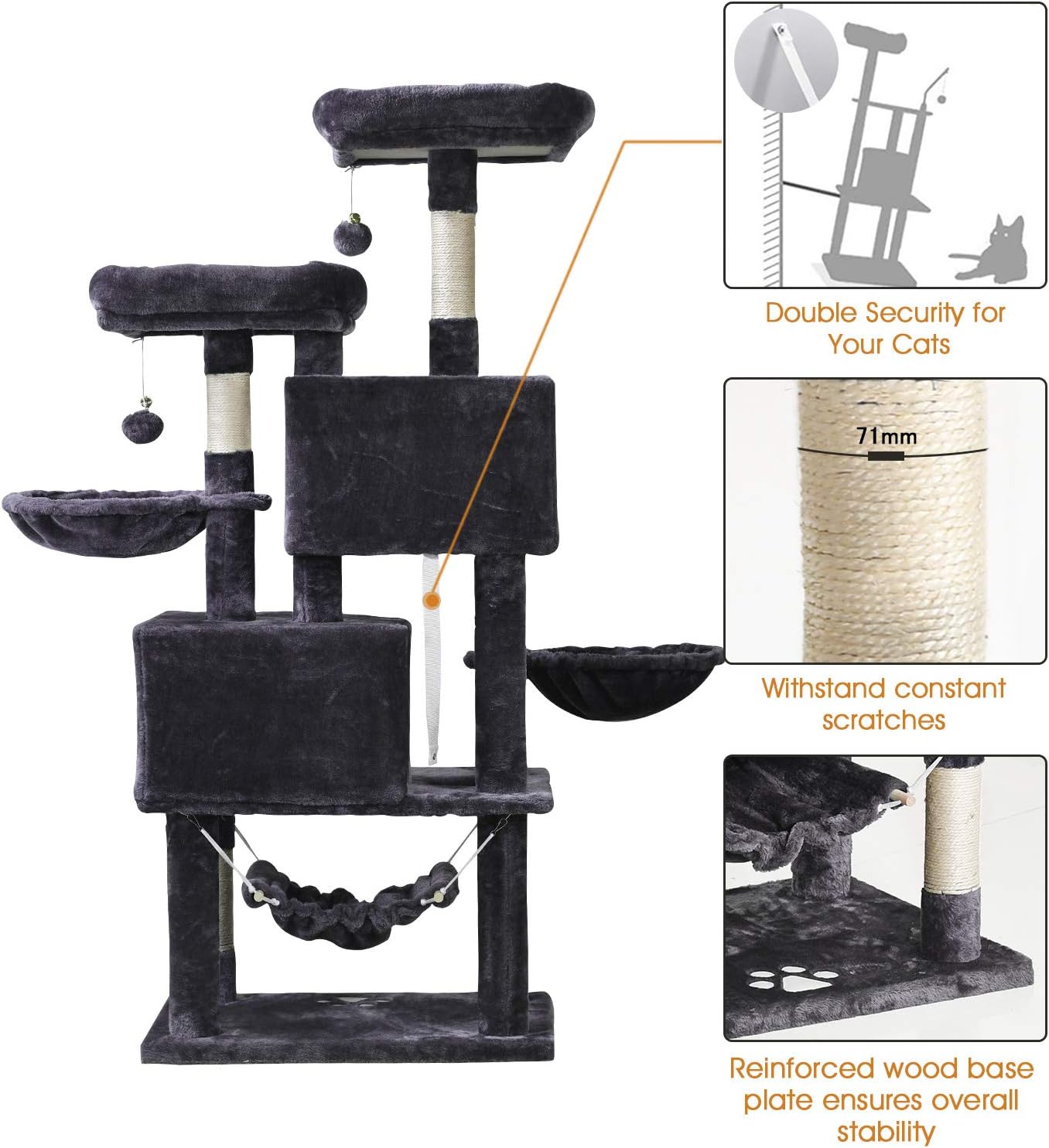 Multi-Level Cat Tree, MQ Cat Tower 57" with Sisal-Covered Scratching Posts Cat Activity Center Play Furniture, Dual Plush Perch, Dual Cat House Condo & Basket, Removable Hammock for Kittens Large Cats : Pet Supplies