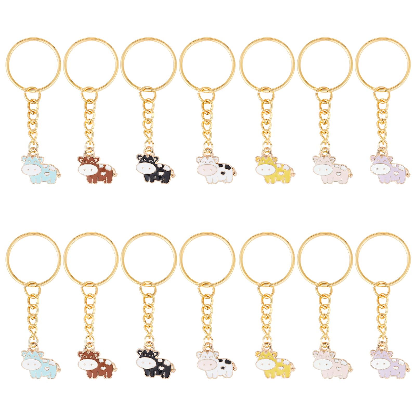 CRASPIRE 14Pcs Cow Enamel Keychains Cute Animal Farm Key Chain 7 Color Hanging Pendant Charm Keyrings Bulk for Purse Car Earphone Bag Wallet Backpack Decorations Party Favors Bulk