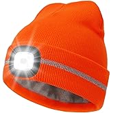 MELASA Fleece Lined Reflective Stripe Hat with The Light, USB C Rechargeable Safety High Visible LED Beanie Suitable Running