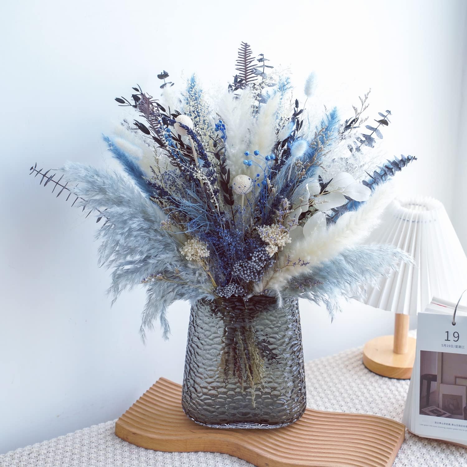 Dried & Preserved Flora - MUYEJI Natural Dried Pampas Grass Bouquet, Boho Home Decor Table Centerpiece, Pampas Grass Eucalyptus Decor, Dried Flower Arrangement for Home Wedding Decoration