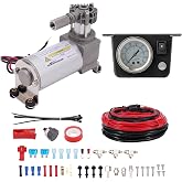 maXpeedingrods On Board Air Compressor System 120 PSI Air Compressor Kit | with Analog Gauge Air Line T Fittings, Single Path, Universal for Chevy Silverado GMC Sierra Ford F150 F250 Dodge Ram Trucks