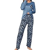ZAFUL Women's Leopard Print Pajama Set Long Sleeve T-Shirt And Pants Pjs Sleepwear 2 Piece Lounge Set