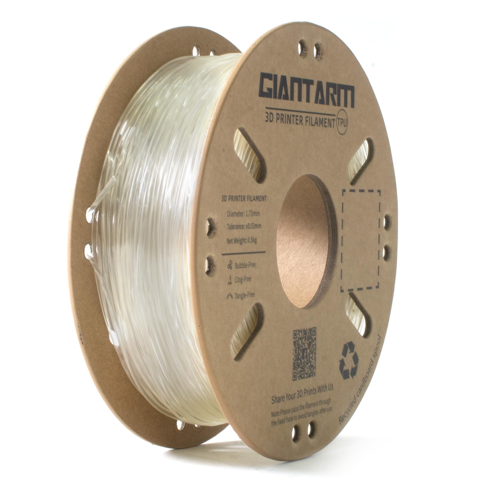 TPU,3D Printer Filament,GIANTARM TPU Filament 1.75mm,Dimensional Accuracy +/- 0.02 mm,0.4kg,Transparent