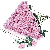 LPREUTWN 30pcs Fake Roses Artificial Silk Flowers Long Stems Bouquet for Wedding Bridal Shower Party Home Decoration (Pink)