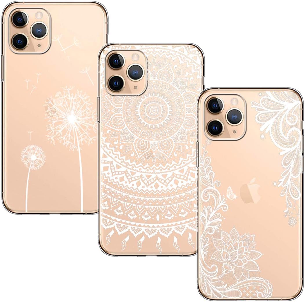 BAOWEI [3 Pack] for iPhone 11 Pro Max Case, Ultra Thin Crystal Clear Soft TPU Silicone Case with Stylish Cute Pattern Protective Cover for iPhone 11 Pro Max - White Flower, Mandala & Dandelion
