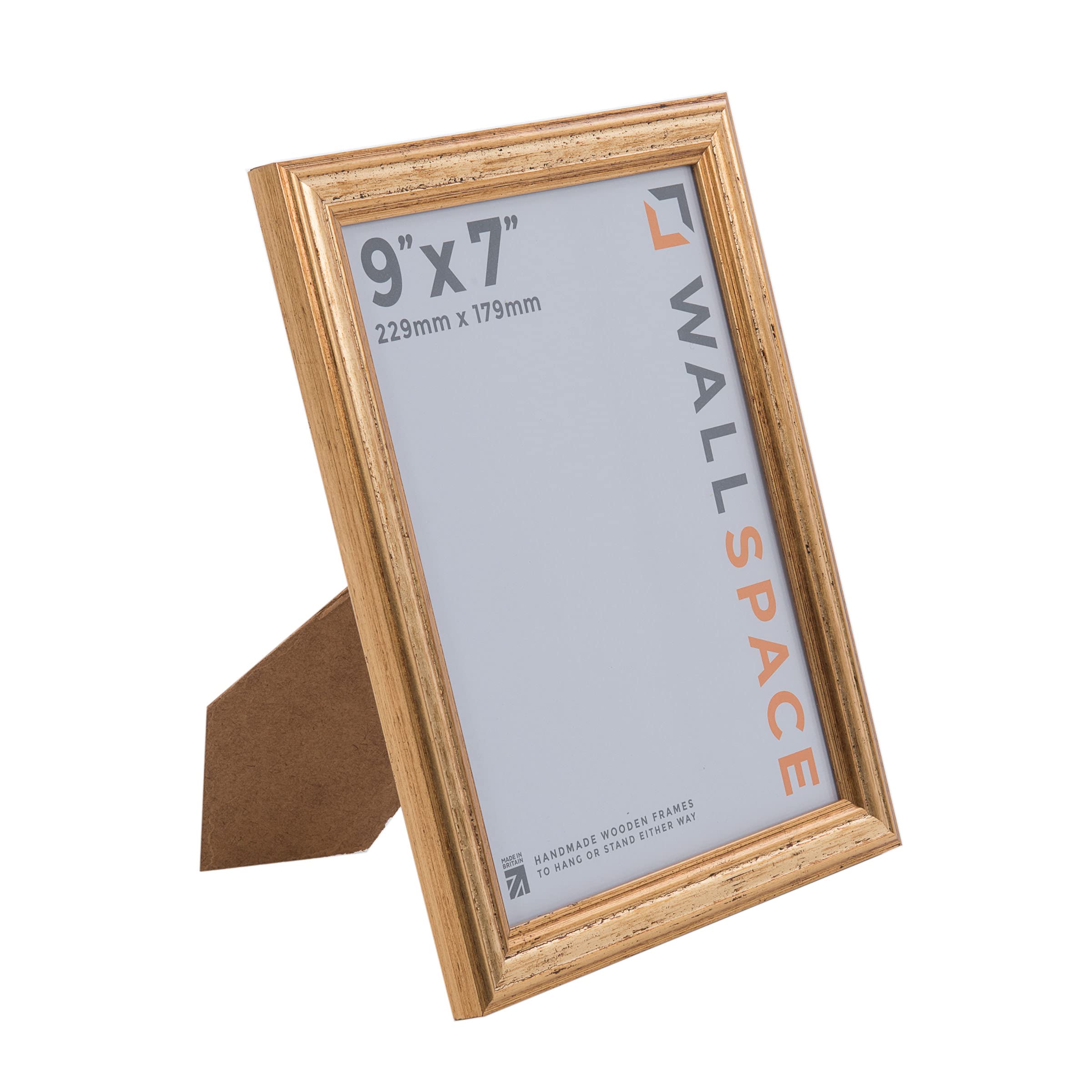 Wall Space 9x7 Gold Picture Frame | Gold 7x9 Photo Frame | 9 x 7 inch | 229x178mm | 22.9x17.8cm | Solid Wood Wooden with Real Glass | Handmade in UK — image 1