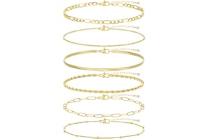 6 Pcs Gold Chain Bracelet Set for Women, 14K Gold Plated Adjustable Stackable Link Bracelet, Dainty Thin Paperclip Chain Brac