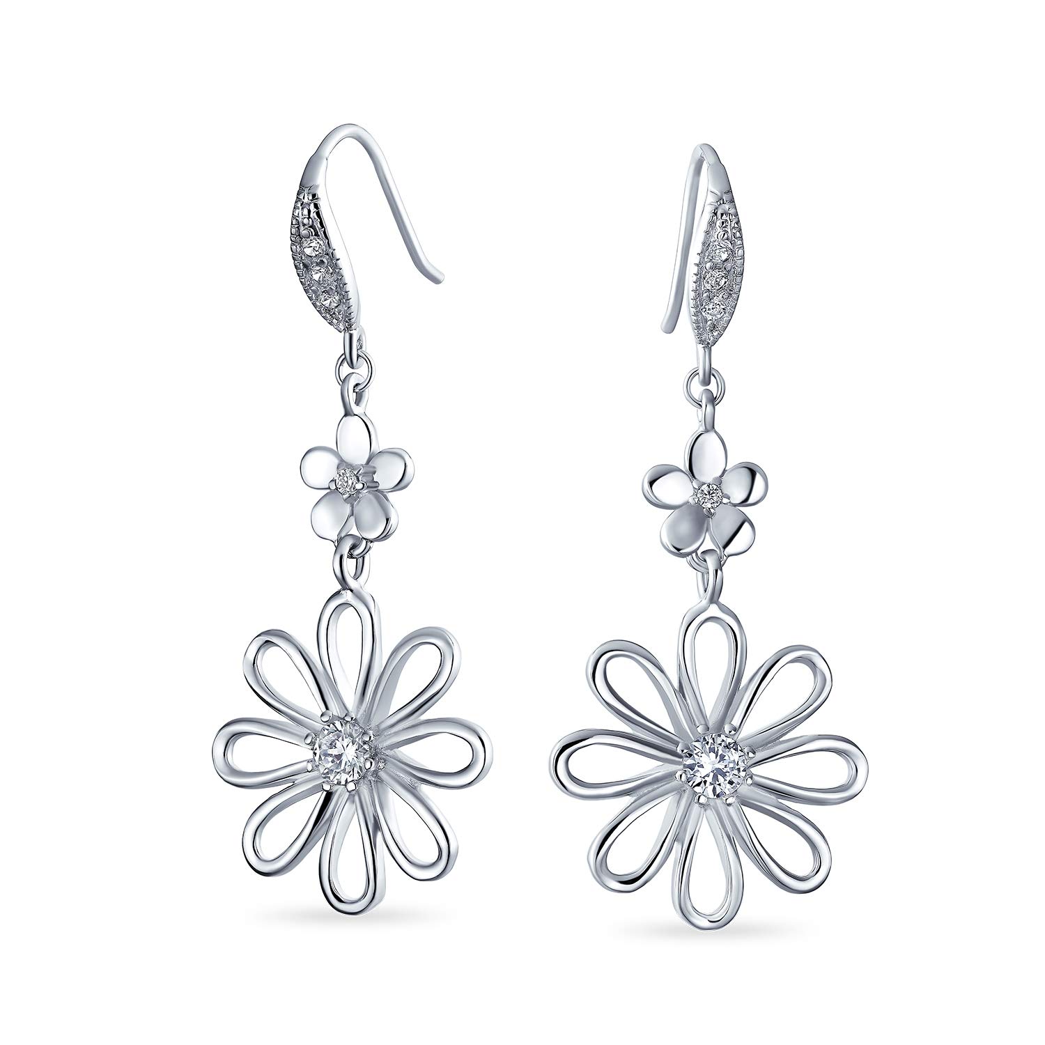 Floral Garden Wedding Canary Yellow Cubic Zirconia Accent Open Flower Shape CZ Daisy Dangle Earrings For Women French Wire Silver Plated — image 1