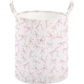 TECHMILLY Large Storage Basket for Girls and Boys, Collapsible Laundry Hamper with Long Handles, Toy Bins for Nursery, Kids Room Décor (Bowknot)