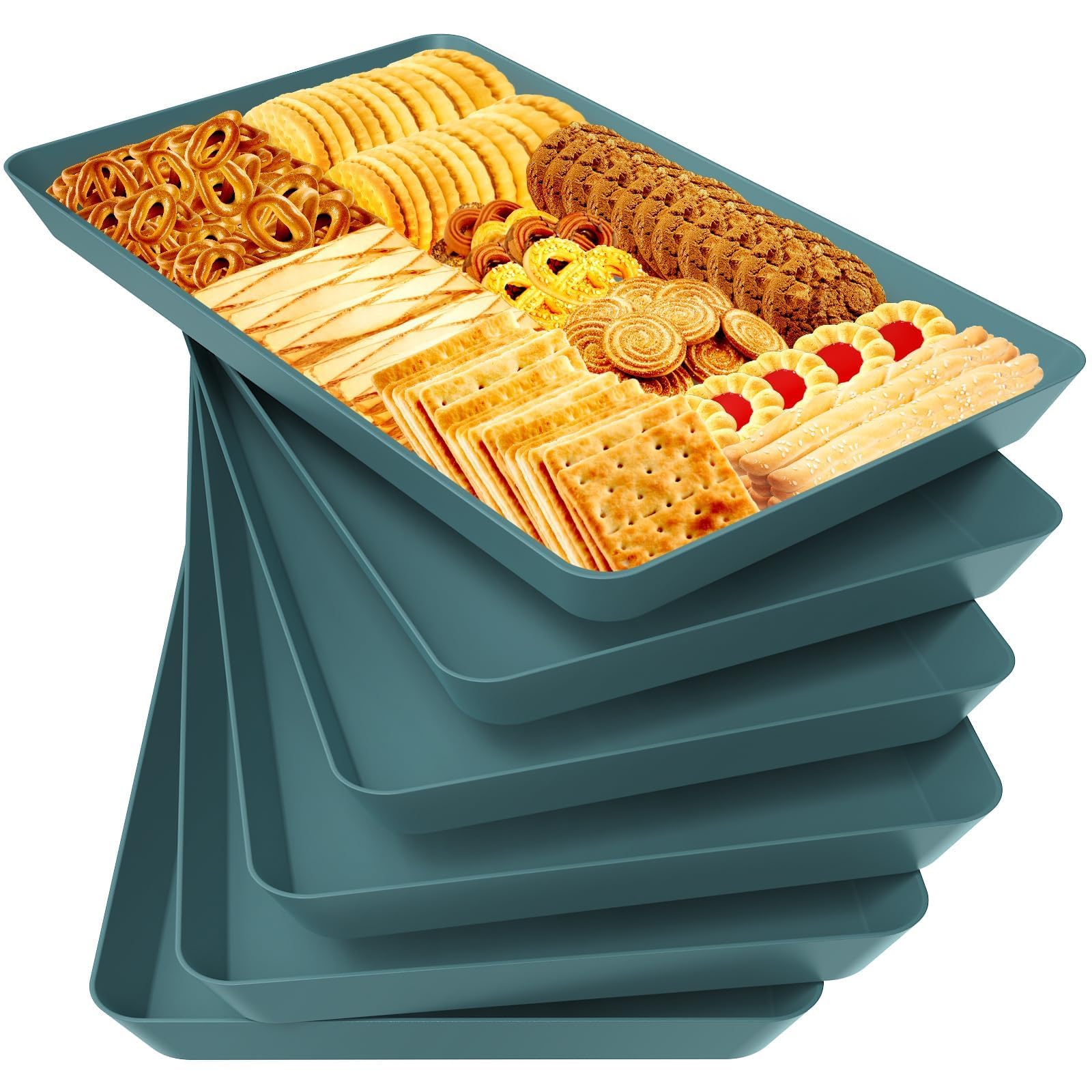 WOWBOX 6 pcs Serving Tray for Entertaining, Serving Platters for Snacks, Fruit, Cookies, Dessert, Reusable Plastic Trays for Serving Food and Pantry Organization in Kitchen & for Parties, (Green) Image