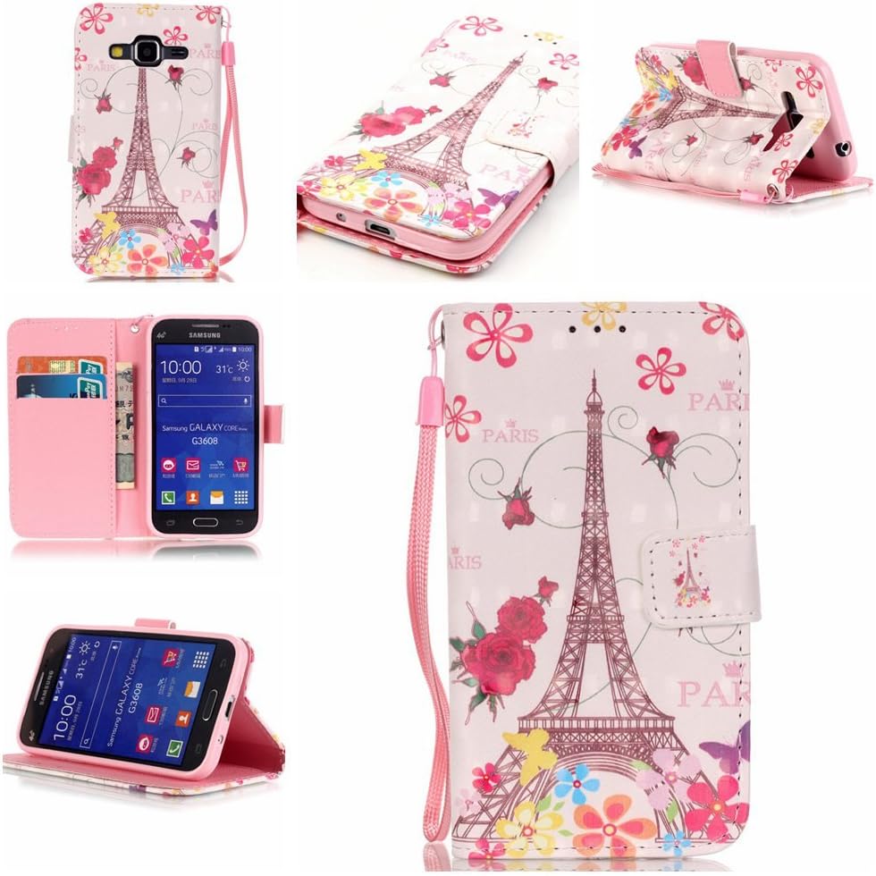Firefish Galaxy Core Prime G360 Case, [3D Printing] PU Leather Flip Folio Kickstand Wallet Case with Card Slots and Magnetic Closure Wrist Strap for Samsung Galaxy Core Prime G360-Butterfly Tower