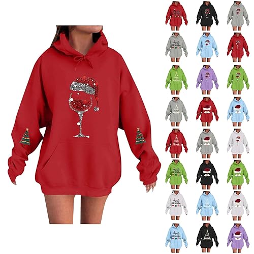 Christmas Tunic Tops for Women Uk Hooded Sweatshirt Xmas Jumpers Funny Graphic Long Sleeve Pullover Tops Ladies Sweaters Casual Holiday Hoodie Womens Winter Jumpers