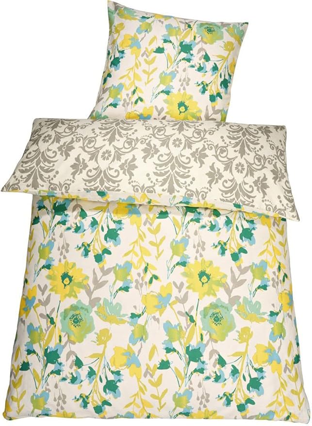 MERADISO® Baumwoll-Satin-Wendebettwäsche, 100% Baumwolle (155 x 220 cm, beige - Floral / beige - Ornamente)