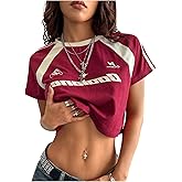 SOLY HUX Women's Graphic Tees Letter Print Color Block Short Sleeve T Shirt Summer Crop Tops Streetwear