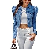 Puff Sleeve Denim Jacket Pockets 