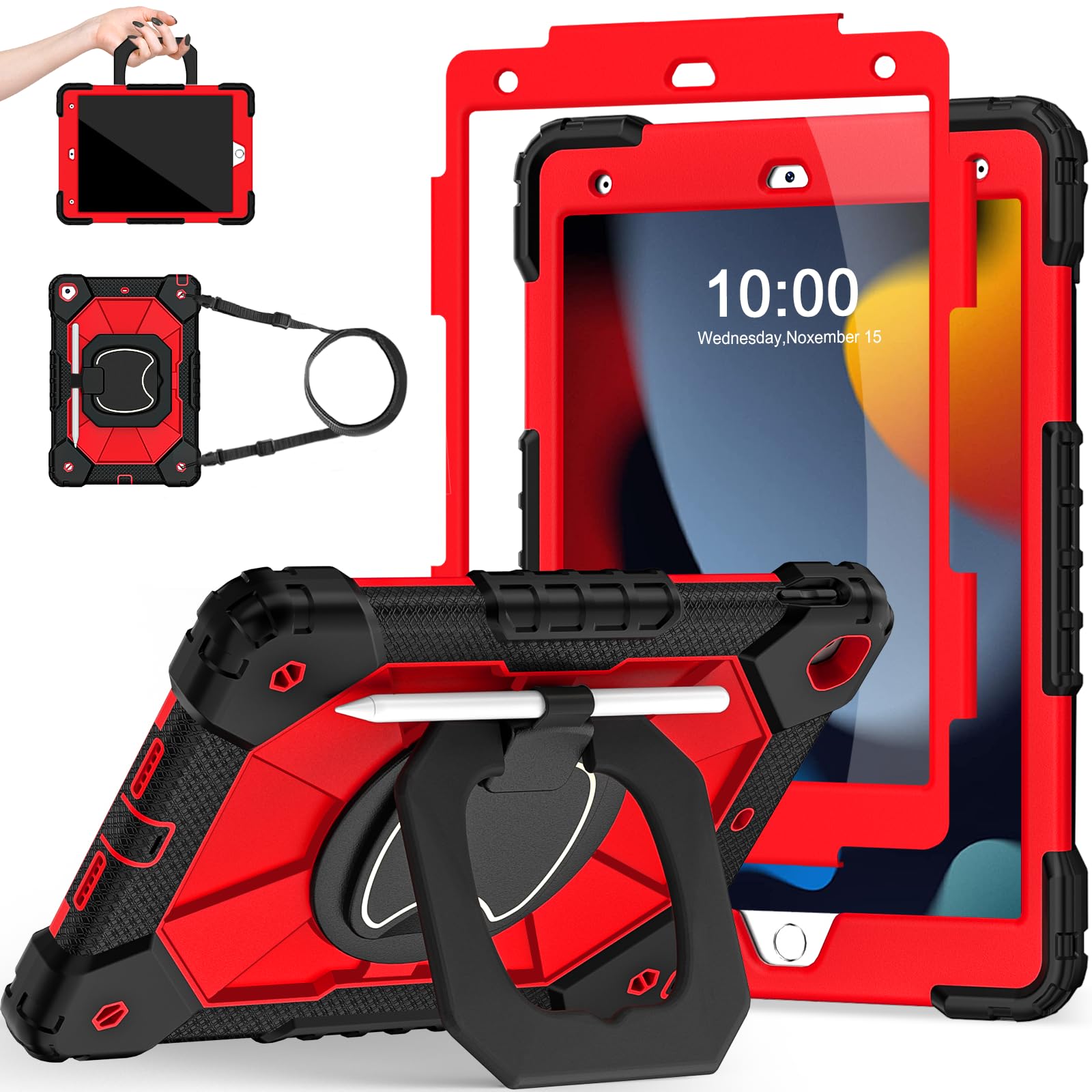 Photo 1 of ***(HEAVILY USED/ MINOR DAMAGE)***Scnioy Case for iPad 9th Generation iPad Case 9th 8th 7th Generation iPad 10.2 Inch iPad 9th Gen Cover with Screen Protector Pen Holder TabletCases for Kids 360° Rotating Stand, Black Red