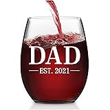 Dad Est. 2021 Stemless Wine Glass 15Oz, Dad Wine Glass - Dad Gift for Christmas Day, Birthday, Fathers Day - Unique Present I