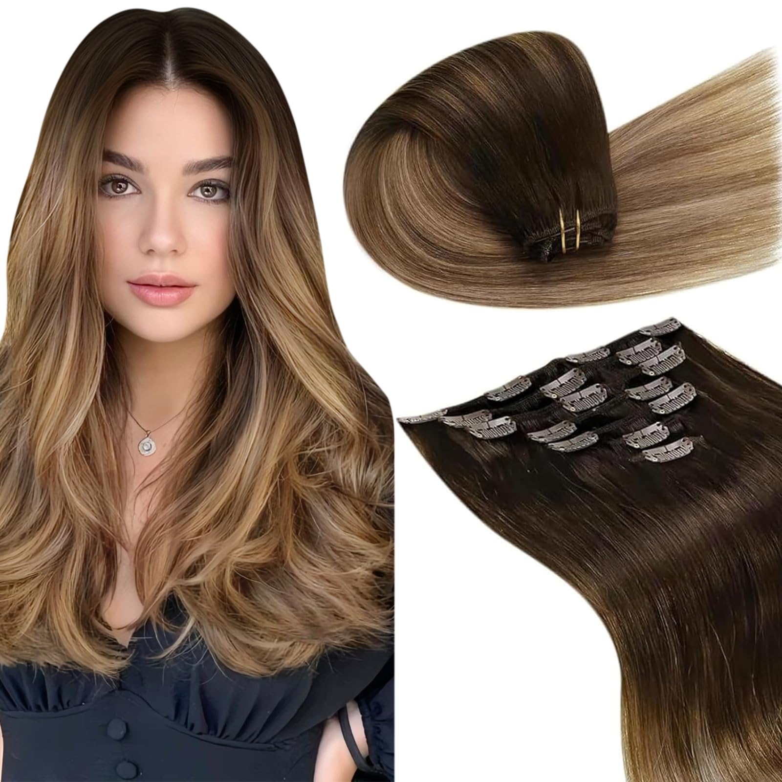 LaaVoo Clip in Hair Extensions Real Human Hair Dark Brown Hair Extensions Clip in 24 Inch 140g 7pcs Full Head Straight Balayage Dark Brown to Blonde Remy Hair Double Weft #2/6/18 — image 1