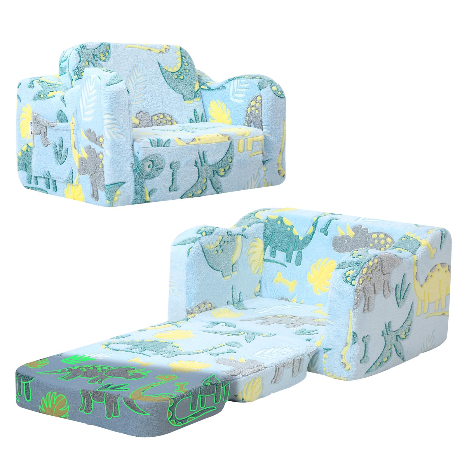 MeMoreCool Glowing Dinosaur Kids Chair, 2-in-1 Convertible Kids Couch Fold Out to Lounger, Glow-in-the-Dark Dino Sofa for Boys Ages 1-3, Soft Foam Flip-Out Seat with Washable Cover, Sky Blue