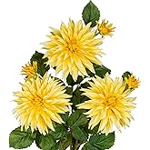 3Pcs Yellow Artificial Dahlia Flowers Fake Flower Silk Flowers with Long Stem 29.5" Floral Arrangements Bouquets Faux Dahlias Flowers for DIY Wedding Party Centerpieces Decor Home Office Decoration