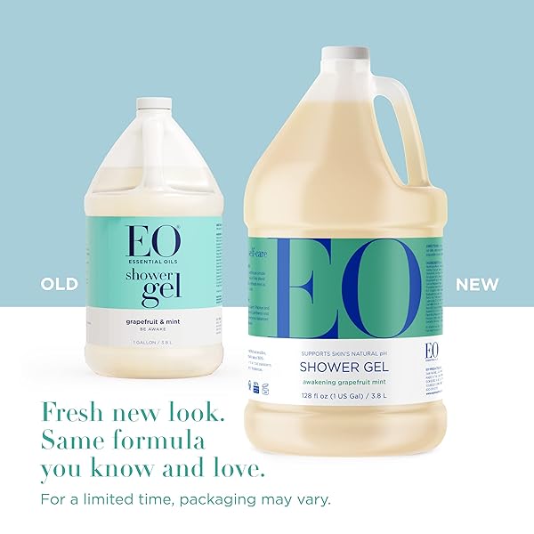 EO SHOWER GEL BODY WASH REFILL, 1 GALLON, GRAPEFRUIT AND MINT, ORGANIC PLANT-BASED SKIN CONDITIONING CLEANSER WITH PURE ESSENTIALS OILS, PACK OF 1