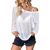 Hilinker Womens Sheer Mesh See Through T Shirt Sexy Long Sleeve Off Shoulder Tops