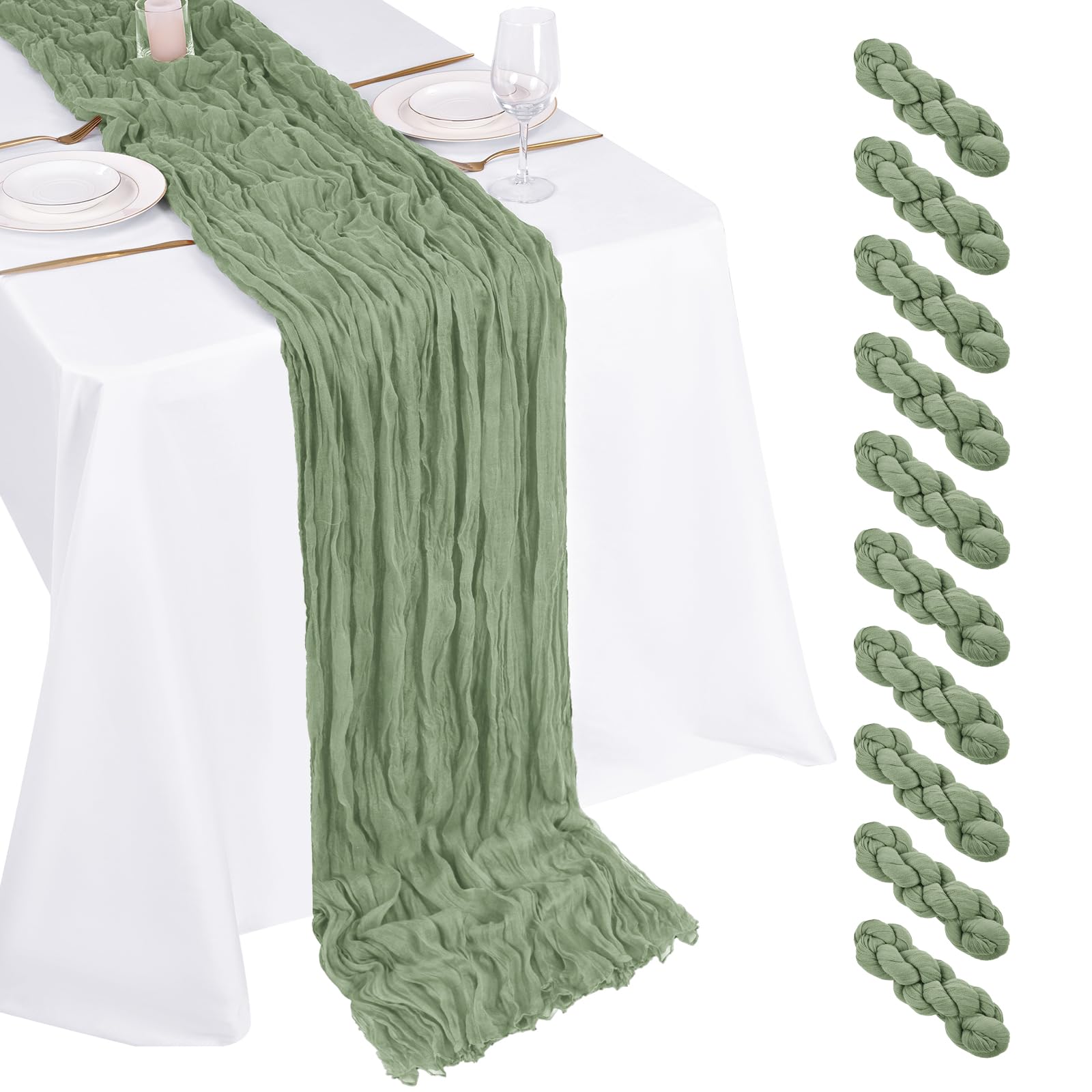 Photo 1 of 10 Pack Sage Green Cheesecloth Table Runner 17x108 Inch Boho Gauze Cheese Cloth Table Runners for Wedding Party Baby Shower Birthday Home Decor