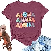 Hawaiian Shirts Women Aloha Graphic Beach T-Shirt Funny Leaves Print Short Sleeve Family Vacation Shirt