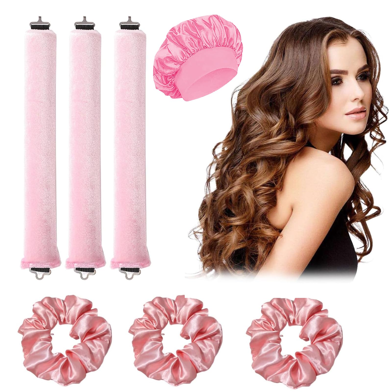 3Pcs Heatless Curlers, With 1pcs Shower Cap+3pcs Headband, Heatless Curling Rod for Long Hair, Heatless Overnight Blowout Rods, for Diy Hair Styling Tools, No Damage to Hair(Black) (Pink, Large)