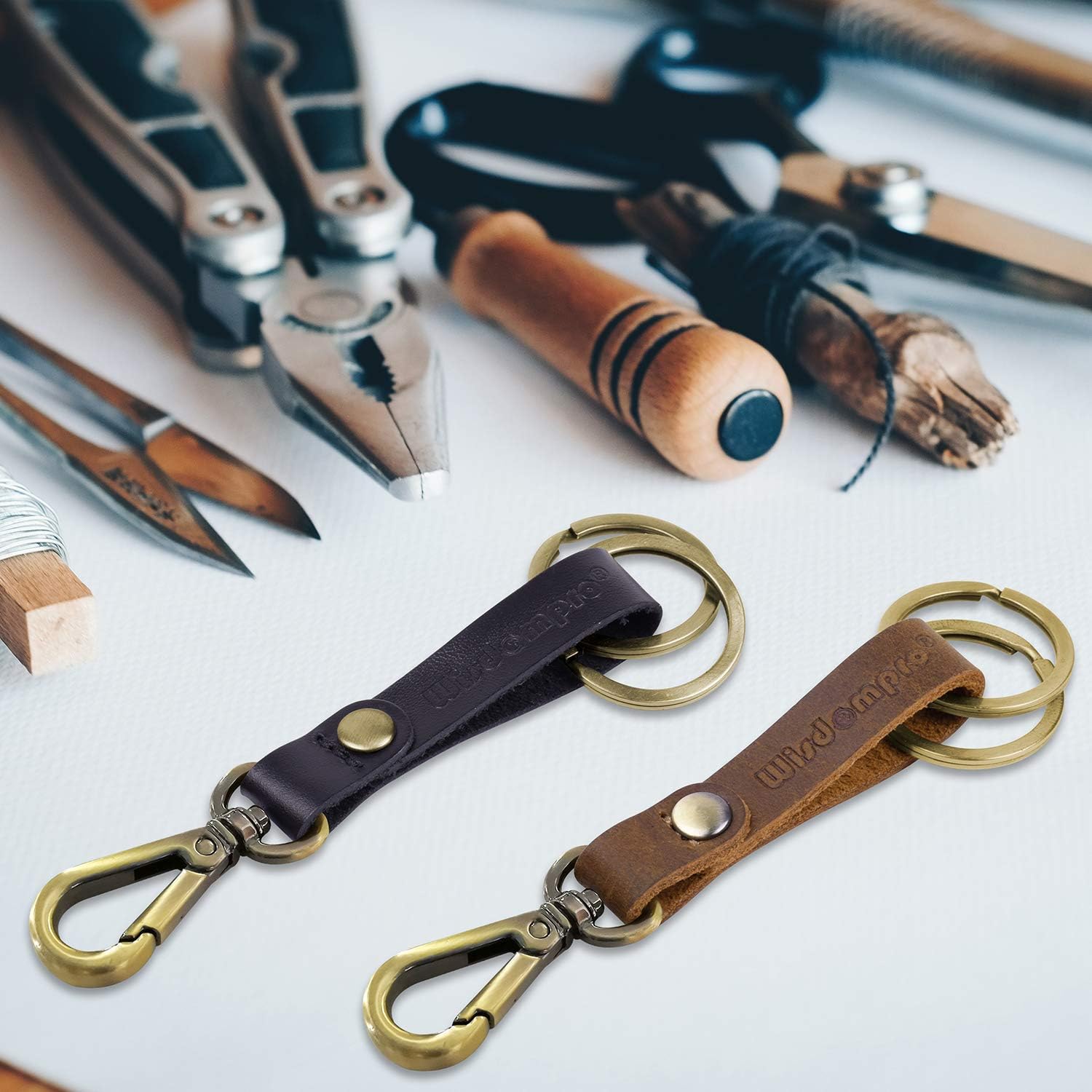 2 Pack Genuine Leather Keychain, Wisdompro Heavy Duty Key Chain with Retro Vintage Bronze Belt Loop Clip and 2 Keyrings for Keys - Black and Brown at  Men’s Clothing store