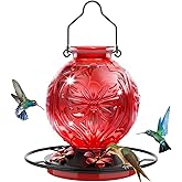 Glass Hummingbird Feeder for Outdoors Hanging, 25Oz Humming Bird Nectar Feeders with Perch & 5 Flower Feeding Ports, Leak Proof for Outside Garden Decor, Gifts for Women (Red)