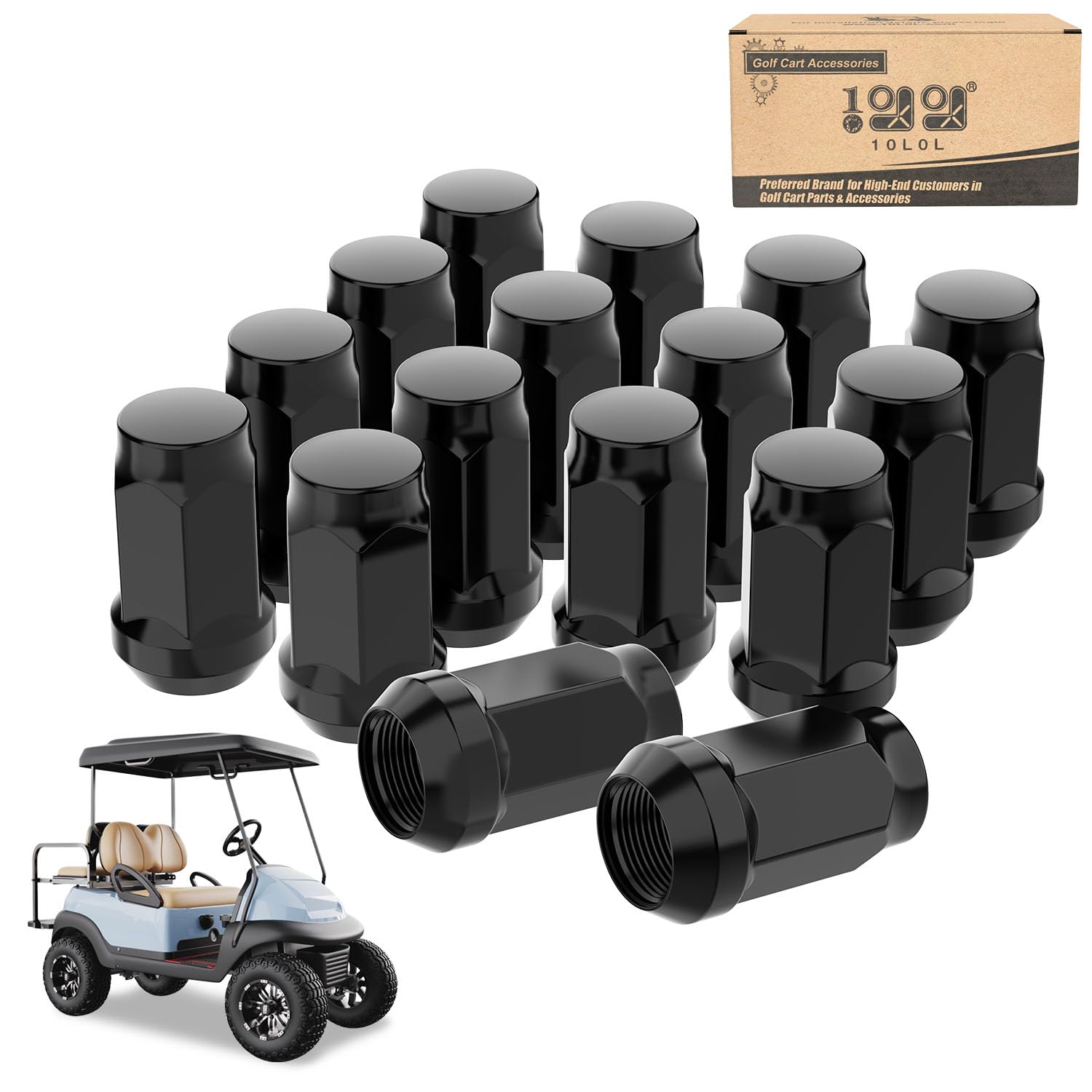 View 1 of 10L0L Golf Cart Wheel Lug Nuts for EZGO & Club Car, 1/2"-20 Size Black 16 Pack