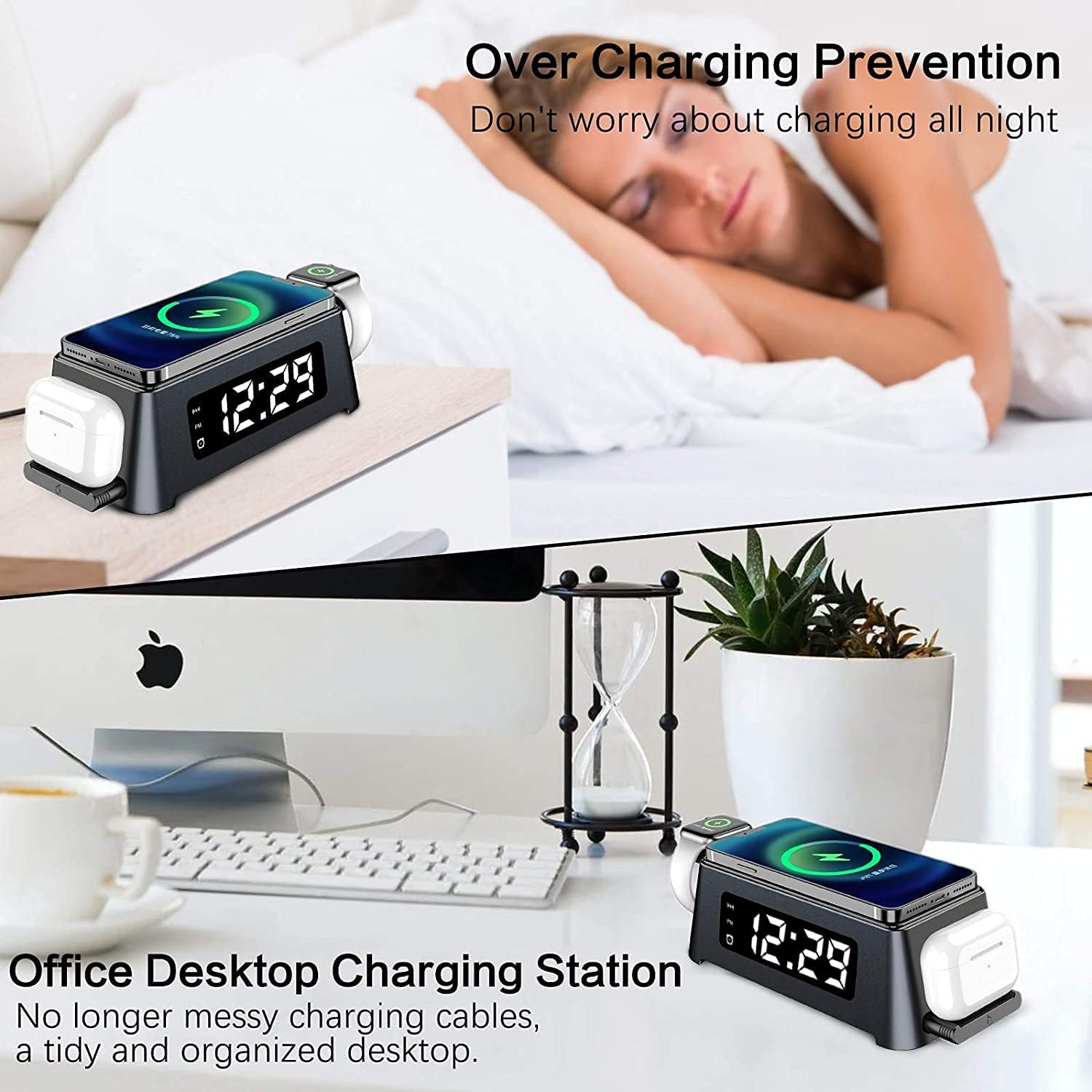 LED Digital Clock 2021 New Version Fast Wireless Charging Station for Multiple Devices,3 in 1 Wireless Charger Compatible with iPhone,Apple Watch & AirPods (Apple Watch Charging Cable not Included)