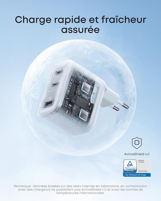 Nano Chargeur USB C 70W 3 Ports (Câble Inclus), Sortie Ultrafast