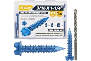Krysay 117Pcs 3/16 x 1-1/4 in Concrete Screws with Drill bits,Masonry Screws for Concrete Assortment Kit,Hex Head Block Cement Stacoo Screws and Anchors,Diamond Point,Blue Coated(1LB)