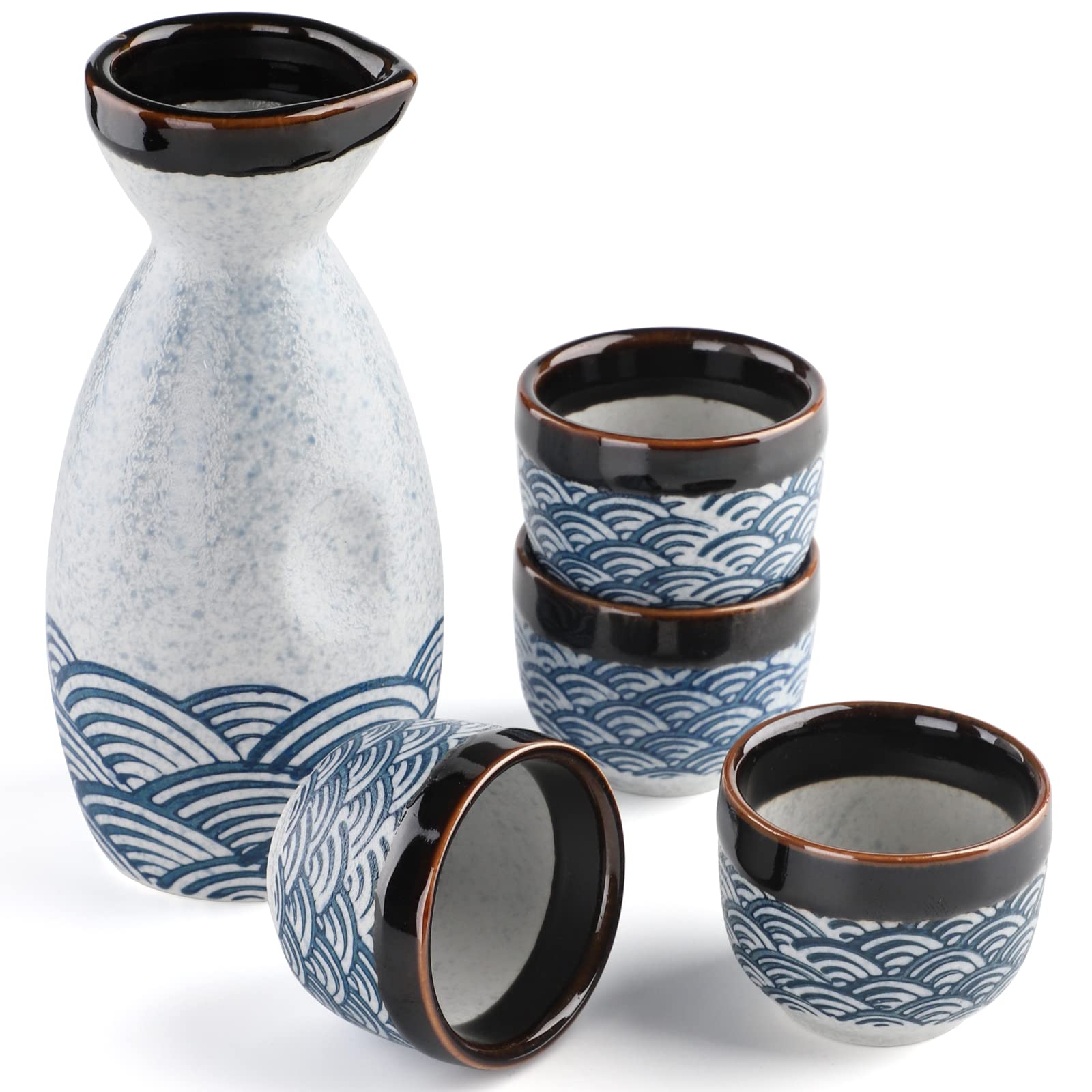 Leegg Japanese Ceramic Sake Set - 1.7L Pot, 4 White Sake Cups - Warmers (1 Pot, 4 Cups)