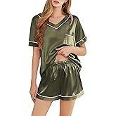 SHEFOTY Silk Pajamas for Women Short Sleeve Satin 2 Piece Pj Set Soft V Neck Sleepwear Loungewear, S-XXL