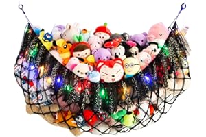 AMDERMI Large Stuffed Animal Hammock with Light Wall Mounted- Squishmallow Hammock Plushies Net Stuff Toy Organizer Boho Macrame Toy Hammock Corner Hanging Net for Nursery Storage Bedroom Playroom Decor-Black