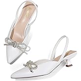 GENSHUO Slingback Rhinestone Bow Heels for Women Closed Pointed Toe Kitten Pumps Slip On Stilettos Wedding Bride Dress Shoes