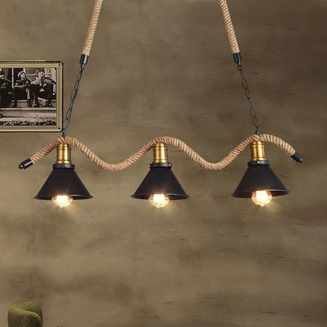 Elevens Vintage Industrial 3 Light Pendant Hemp Rope Chain Light