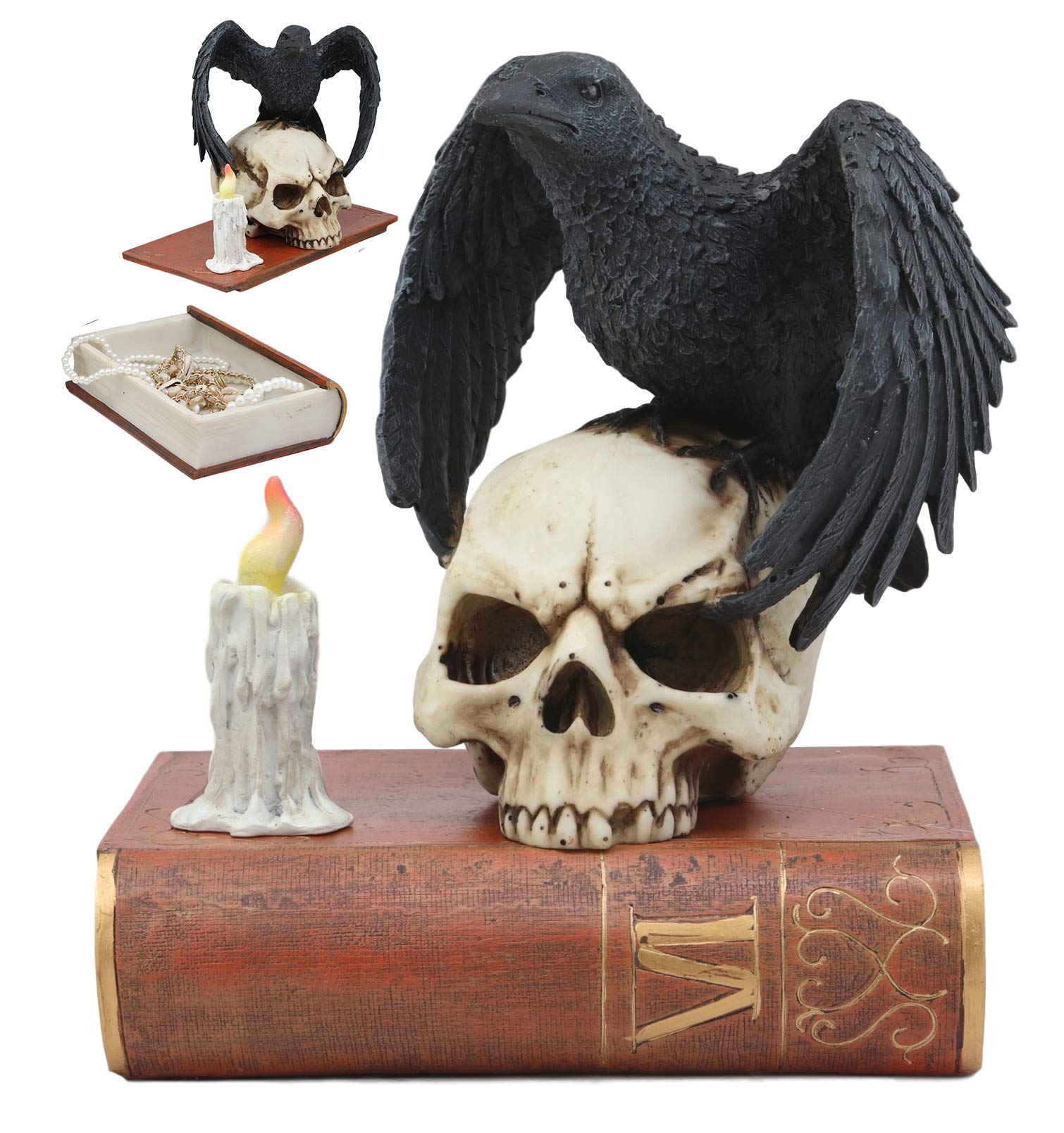 Ebros Edgar Allan Poe Harbinger of Doom and Prophecy Raven Crow Perching On Skull with Ancient Book 